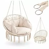 Deccart Makramee Hängesessel mit Kissen - Runder Hängestuhl aus Baumwolle - Boho Hängesitz Beige - stabile Metallringe, hängender Sessel für Wohnzimmer, Balkon, Garten, Kinderzimmer
