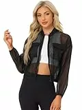 Allegra K Damen Transparente Bomberjacke Durchsichtige Jacken Langen Ärmeln Reißverschluss Schwarz M