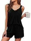 Uniexcosm Kurzer Schlafanzug Damen Pyjama Set Kurz Baumwolle Zweiteiliger Nachtwäsche Ärmelloses Spitze V-Ausschnitt Shirt und Schlafshort Sexy Sleepshirt für Frauen A:Schwarz XXL