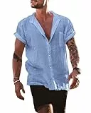 YAOBAOLE Leinen Hemd Herren Kurzarm Freizeit Regular Fit Hellblau L