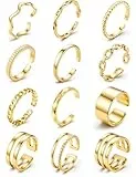 JeweBella 12 Stück Ringe Gold Silber Wasserfest Ring Damen Edelstahl 18K Vergoldete Trendy Stapelbare Offene Ringe Set Frauen Verstellbar Daumenring Fingerring Stapelringe Damen Schmuck