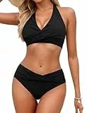 Zojuyozio Damen Bikini Sets Vordere Verdrehung Zweiteiliger Badeanzug Halter V-Ausschnitt Mittlere Taille Schwarz M