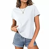 HOTIAN T-Shirt Damen Crop Tops Kurzarm Baumwolle Casual Basic Shirt Sommer Flügelärmeln Rundhals Top Damen Locker White XL