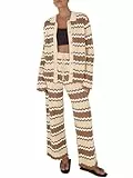 Tankaneo 2-teiliges Damen-Strick-Outfit, gestreift, langärmelig, Cardigan, weites Bein, Hose, passendes Strand-Set, Khaki, Groß