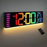 Wanduhr Digital - 8 Farben Digitale Wanduhr 16,2' Große Digitale Uhr mit Temperatur, Datum, Nachtlicht, Automatische Helligkeitsregelung, 24/12-Stunden für Wohnzimmer Büro Fitnessstudio