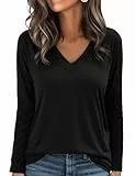 Aottori Shirt Langarm Damen Baumwolle V-Ausschnitt Elegant Stretch Oberteile Lose Pullover T-Shirt Einfarbig Basic Top Frühling Herbst Schwarz L