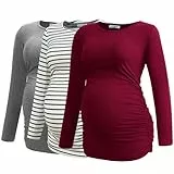 Smallshow Damen Umstands-Tops, Tunika, T-Shirts, langärmelig, Schwangerschaftskleidung, 3er-Pack, Weinrot / Hellgrau / Weiß / Marineblau gestreift, X-Groß