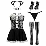 IDOPIP Bunny Katze Kostüm Sexy Maid Lingerie Damen Dessous Set 5/6 TLG. Cosplay Outfit Einteiler mit Ohren Spitzen Babydoll Dress Halloween Nachtwäsche Mit G-String schwarz Einheitsgröße