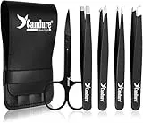 Candure Eyebrow Tweezers Set for Professionals (5Piece) – Stainless Steel Precision Tweezers for Ingrown Hair, Facial Hair, Splinter and Blackhead Remover (Schwarz - 5 Stück)