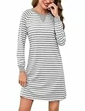 Bresdk Nachthemd Damen Lang Baumwolle Schlafkleid Winter Nachtwäsche Langarm Rundhals Streifen Schlafshirt