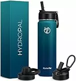 HydroPal Edelstahl Trinkflasche - 750ml, 1L, 1,2L, BPA-Frei, Kohlensäure geeignet, Isolierte flasche mit Strohhalm & 2 Deckel, Auslaufsichere Isolierflasche für Sport (Grün/Dunkelgrün, 750 ml)