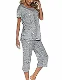 ENJOYNIGHT Schlafanzug Damen Kurz Pyjama Set Kurzarm Top mit 3/4 Lang Schlafhose Zweiteiliger Nachtwäsche S-3XL (XX-Large,Katze)