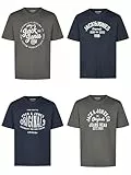 JACK & JONES Tshirt Herren Regular Fit JJLINO 4er Pack Set Pack Rundhals Kurzarm Sommer Tee Shirt Print, Größe:XL, Farbe:Pack 6