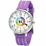 Kiddus Lern Armbanduhr für Kinder, Jungen und Mädchen. Analoge Armbanduhr mit Zeitlernübungen. Time Teacher. Français. Purple.