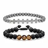 TOLOWOBK Kreuz Armband Herren Tigerauge Armband Männer Perlenarmband Herren Jungen Naturstein Perlen Armbänder Christliche Einschulung Schulanfang Geburtstag Geschenke für Sohn Bruder Enkel Neffe