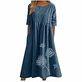 Sommerkleid Damen Lang Kleider Lose Leinen Maxikleid mit Taschen S-5XL Kurzarm Loose Casual Long Kleider einfarbig Löwenzahn Druck Swing Freizeit Boho Kleider für Rundhals Strandkleid Blumenkleid