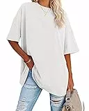 Ebifin Oversize T Shirt Damen Rundhals Kurzärmeliges Tops Casual Lockere Basic Sommer Tee Shirts Bluse.Weiß.L