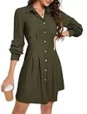 KOJOOIN Blusenkleid Damen Langarm Corduroy Hemdkleid A-Linien Tunika Kleid Minilänge Cordkleid mit Tasche und Knopfleiste Dunkelgrün L