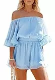Pink Queen Damen Bandeau Kleid Boho Schulterfrei Jumpsuit Rüschen Mini Kurzer Strampler Shorts Sommer Strand Hellblau S