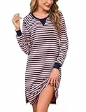 Bresdk Nachthemd Damen Lang Baumwolle Winter Schlafkleid Nachtwäsche Langarm Rundhals Streifen Schlafshirt