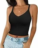 Imily Bela Damen Tops Sommer Sexy V Ausschnitt Kurzes Gerippt Spaghetti Top Slim Fit Cami Casual(Schwarz,S)