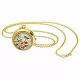 JewelryWe Taschenuhr Damen Vintage Vögel und Blumen Analog Quarz Uhr mit Halskette Kette Kettenuhr Gold Unisex