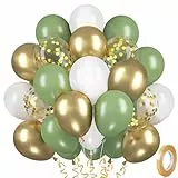 Luftballons Grün Gold, 30 Stück Salbeigrün Metallic Gold Luftballon Set, Retro Olive Grün Gold Ballons, Weiß Helium Ballon für Jubiläum Geburtstag Hochzeit Babyparty Tropische Safari Party Deko