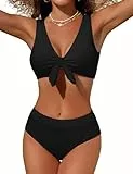Svanco Damen Bikini Set Bauchweg High Waist Zweiteiler Bademode mit Knoten Detail Texturiert Curvy Bikinis Badebekleidung