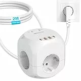 HITRENDS 4 Fach Steckdosenwürfel Mehrfachsteckdosen, Steckerleiste mit 4 USB, 2 USB & 2 Typ-C, 8 in 1 Cube Steckdose Mehrfachstecker mit 2M Kabel für Büro, zu Hause Weiß
