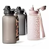MAMEIDO Trinkflasche mit Strohhalm & Zeitmarkierung als Trinkerinnerung 1 l, Wasserflasche auslaufsicher, Sportflasche BPA-frei, Gym Water Bottle, Flasche aus Tritan (Urban Taupe)
