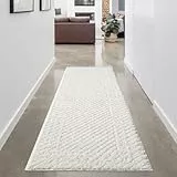 carpet city Teppich Wohnzimmer Hochflor Creme - Läufer 80x300 cm - Hochtief-Muster, 3D-Effekt Bordüre - Bettvorleger Schlafzimmer Teppiche Boho, Skandi