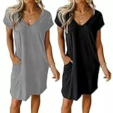 Ekouaer Nachthemd Damen Kurz Zweiteiliger Kurzarm Schlafshirt Nachthemden V Ausschnitt Hauskleid 2er Set, Schwarz + Grau, M