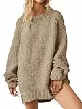 Saodimallsu Damen Oversized Pullover Rundhals Langarm Sweatshirt Dünn Teddy Fleece Strickpullover Oberteile Casual Locker Pulli Tops Für Frühling Herbst Winter Khaki L