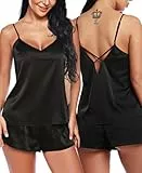 RSLOVE Damen Schlafanzüge Satin Pyjama Set Cami und Kurzhose Kurz Sexy Nachtwäsche für Frauen Schwarz S