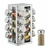 Relaxdays Gewürzkarussell mit 16 Gewürzdosen, 360° drehbar, durchsichtige Gewürzgläser zum Streuen, Edelstahl, Silber, Kunststoff, 27.5 x 19.5 x 19.5 cm