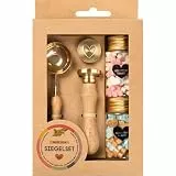 folia 31029 - Wachssiegel Set PASTEL LOVE, 132-teiliges Bastelset aus 108 Siegelwachs Perlen in 4 Farben, 1 Stempelgriff aus Holz, 2 auswechselbare Stempel Köpfe und ein Schmelzlöffel