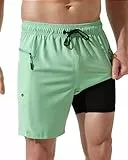 Arcweg Badeshorts Herren mit Reißverschlusstaschen Badehose Männer Jungen Schnell trocknende Schwimmhose mit Kompressionsfutter Doppellagige Grün L(EU)