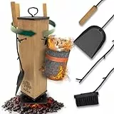 OAKAGE Kaminbesteck Classic Modern [integrierer Holzkorb & drehbarem Kern] Hochwertiges Kaminzubehör mit Holzgriff | Kaminofen Besteck mit Kehrset & Schürhaken | Ofenbesteck Garnitur für Ofen & Kamin