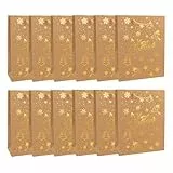 Idena 30485-12 - Geschenktüten Weihnachten, 12 Stück, Geschenktaschen in der Größe 25 x 34 cm, Papiertüten in Braun mit goldenen Weihnachtsmotiven