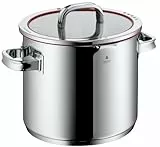 WMF Function 4 Gemüse- Suppentopf Induktion 24cm, Glasdeckel, Kochtopf groß 8,8l, Cromargan Edelstahl poliert, 4 Abgießfunktionen, Innenskalierung, Nudeltopf rot