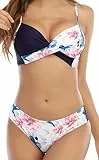 Ocean Plus Damen Push Up Geblümtes Bikini-Set mit Brustpolster Bikinis mit Bügel Zweiteiliger Bademode mit Tunnelzug (M (EU 36-38), Marine Cyan)