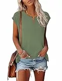 Tanmolo Damen T-Shirt Oberteile Top Sommer mit Flügelärmeln & Metallring-V-Ausschnitt Elegant Casual Shirt Bluse für Freizeit und Alltag Grün, XL