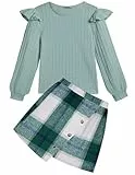 Arshiner Mädchen Bekleidungssets Kinder Langarmshirt mit Kariert Rock Set Herbst Winter Freizeit Mode Elegantes Zweiteilig Outfits für Mädchen 8-9 Jahre 130