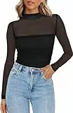 Zeagoo Langarmshirt Damen Rundhal Netzoberteil Sexy Party Top Mesh T Shirt Langarm Frauen Clubwear Für Halloween Karneval Schwarz L