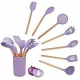 Justup Küchenhelfer Set, 8-teiliges Silikon Kochutensilien Kochbesteck Set, Hitzebeständiger Kochgeschirr mit Utensilienhalter, Antihaft Kochset Küchenutensilien mit Löffel, Spatel, Halter (Lila)