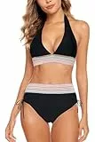 Aidotop Damen Bikini Set Bademode Bauchkontrolle Hohe Taille Bikini Sets Hohe Taille V Ausschnitt Verstellbar Zweiteiliger Badeanzug Swimsuit（1Black，L）