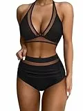 RXRXCOCO Damen Mesh Neckholder Rückenfrei Bauchweg High Waist Bikini Set Push Up Sexy V Ausschnitt Zweiteiliger Badeanzüge Bademode Schwarz Size L