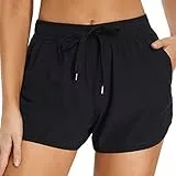 Badeshorts Damen mit Taschen & Kordelzug High Waist Badehose Schnelltrocknend Kurze Sporthose Sommer Schwimmhose Locker Surf Boardshorts UV Schutz Bikini Hose Schwarz Strandshorts Schwimmshorts