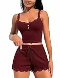 RSLOVE Damen Nachtwäsche aus Spitze Sexy Pyjama Set 2 teilige Oberteile und Shorts Weinrot S