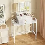 OYRREU Schminktisch mit LED Beleuchtung und Spiegel, Kleiner Kosmetiktisch mit 2 Stoffschubladen, Einstellbare Helligkeit und Farbtemperatur, Makeup Vanity Table Dressing Table (70x31.5 cm, weiß)